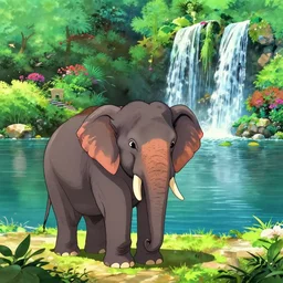 elephant in front of a lake with gardens and waterfall vibrant highlights sharp contrast trending pixiv fanbox by victo ngai makoto shinkai takashi takeuchi studio ghibli