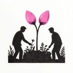 linocut silhouettes of men in a garden growing plants with two connected pink nuts on top, black on pink on white