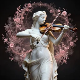 an idealistic marble statue of a woman playing violin in a flowering fractal gaeden, cinnematic light, artstation,