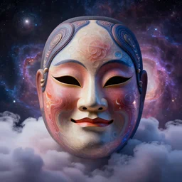 galaxy, character, 3 d godess, fractal japanese mask, art by beeple, cloud, volumetric, dreamy, nebula background, portrait, close up, cinematic, super fine detailed, detailing