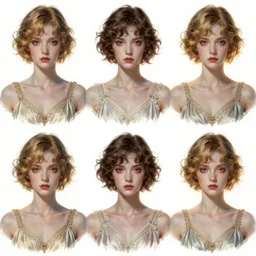 digital character sheet concept art of very beautiful 1 9 2 0 s goddess of desire and dreams, wearing different outfits, short hair, headshot, hyper realistic, sallow pale skin, dark golden hair, red eyes, 4 k, rule of thirds, extreme detail, detailed drawing, trending artstation, hd, fantasy, d & d, realistic lighting, by alphonse mucha, greg rutkowski, sharp focus, backlit, elegant.
