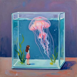 jellyfish, tiny woman in a fish tank, surrealism, acrylic and spray paint and oilstick on canvas