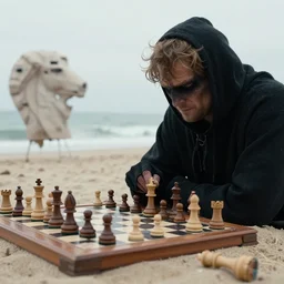 Magnus Carlsen plays chess against the Grim Reaper on a beach, The Seventh Seal, 4k