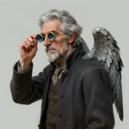 character art by bastien lecouffe - deharme, old man, grey hair, wearing monocle, grey wings on back