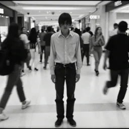CCTV Footage slenderman on the mall, scared people, people running, black and white, year 1990s
