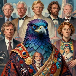 realistic detailed portrait movie shot of a birdman wearing robes, sci fi city landscape background by denis villeneuve, amano, yves tanguy, alphonse mucha, ernst haeckel, max ernst, roger dean, masterpiece, rich moody colours, blue eyes