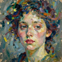 an extreme close - up abstract portrait of a lady enshrouded in an impressionist representation of mother nature and the meaning of life by igor scherbakov, abstract, thick visible brush strokes, figure painting by anthony cudahy and rae klein, vintage postcard illustration, minimalist cover art by mitchell hooks