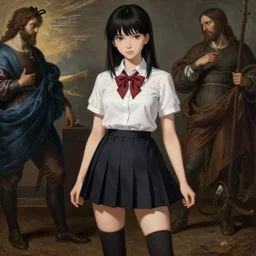 school girl, school uniform, seifuku, pleated miniskirt, overknee socks, battle angel alita. by rembrandt 1 6 6 7, illustration, by konstantin razumov, by el greco
