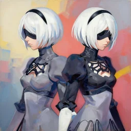 greg manchess portrait painting of 2 b nier automata as overwatch character, medium shot, asymmetrical, profile picture, organic painting, sunny day, matte painting, bold shapes, hard edges, street art, trending on artstation, by huang guangjian and gil elvgren and sachin teng