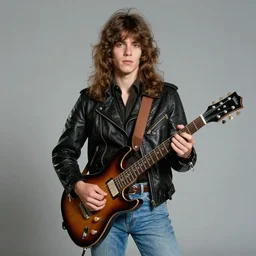 19-year-old boy with long permed wavy brown hair, leather jacket and denim jeans, holding electric guitar, 1977, punk rock, heavy metal, super 8mm film