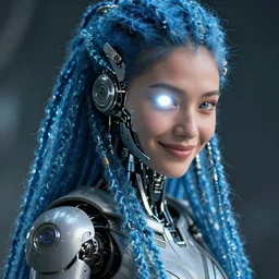 beautiful futuristic himba woman smirking, glowing white mechanical eye, robotic prosthetic arm, blue glass dreadlocks, hyperrealistic, sci - fi, dramatic lighting, intricate, soft focus - n 9