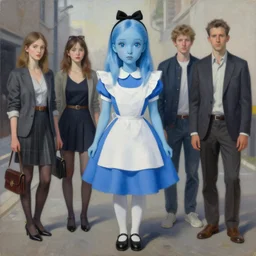 pop surrealism, lowbrow art, realistic cute alice blue girl painting, japanese street fashion, hyper realism, muted colours, rococo, natalie shau, loreta lux, tom bagshaw, mark ryden, trevor brown style,