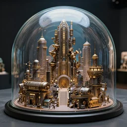a hyperrealistic glass dome with a large steampunk city inside it,