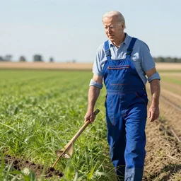 joe biden wearing overalls while farming.