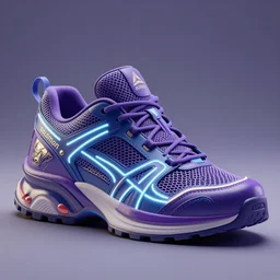 realistic 3 d render of a futuristic sneaker, beautiful studio lighting, soft, sharp focus, neon glowing lines, intricate detail, purple and blue leather, soft white rubber, shiny plastic, hexagon mesh, gold filigree, octane render, side view, close up, trending on artstation, deviantart, nike, reebok, salomon