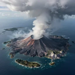 aerial drone view of Anak Krakatau volcano during storm by Bernard Edmaier,turbulent clouds in the shape of barong,islands,structural geology, high quality,digital concept art,realistic,photorealistic,8k