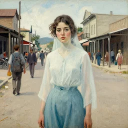 a young woman who may be a ghost standing on a busy street in a country town in the 1 9 7 0 s, seventies, painterly, offset printing technique, by alexandre cabanel
