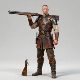 a man holding a large blunderbuss. leather armor, no helmet. standing in a sand dune. colorful, bright, fantasy, artgerm, dnd, fantasy, rpg