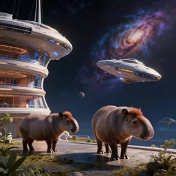 incredible, mindblowing beautiful celestial view from interstellar hotel, with tapirs in a spaceship, matte painting, artstation, cgsociety, dramatic lighting, concept art, octane render, arnold 3 d render