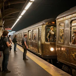 subway station with arriving!!!! subway train, passengers waiting on the platform, steampunk, detailed intricate octane renderer, low angle,  8K sparsely lit art by artgerm and greg rutkowski and alphonse mucha
