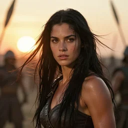 epic photo of muscular young demi moore as beautiful barbarian warrior princess with long straight black hair blowing in the wind in a battle scene, sweaty, detailed eyes, neutral expression, shallow depth of field, photorealistic, cinematic lighting, lovely bokeh, warm colours, sunset south, strong rim light, movie quality, willow 1 9 8 5, movie still