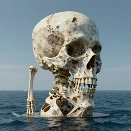 a long shot of a giant skeleton award winning sculpture on the surface of the ocean, abstract sculpture, in the style of chad knight, hyper detailed, hyper realistic, ray tracing, 8 k resolution, sharp focus
