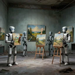 robots in an abandoned decrepit art gallery, robots stand in front of landscape paintings, robots holding paintbrushes and easels, landscape paintings on canvas with robots, 4 k, dramatic lighting, cinematic lighting, robot painter