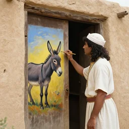 man in ancient caananite costume painting a painting of a donkey on the doorpost of an ancient home