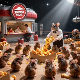 a swarm of cheesy rats with cheesy bread stick tails in a multitude of boxes of cheesy bread stick rats being served by a rat waiter to a family at an intergalactic Pizza Hut on the outside of a space station