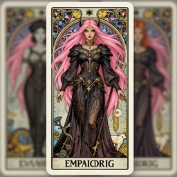 the Empress tarot card art nouveau beautiful full body dark fantasy Legend of Zelda breath of the wild, blackpink lisa+smoky eyes+front face with light flowing hair, ultradetail face, art and illustration by CASIMIR ART and tian zi and craig mullins and Ayami Kojima and WLOP and alphonse mucha, fantasy, intricate complexity, human structure, human anatomy, fantasy character concept, watermark, blurry, hyperrealism 8k