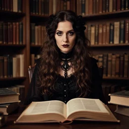lomography, full body portrait photo of women like reol dressed like magicians in a library, open books, moody, realistic, dark, skin tinted a warm tone, gothic, gustav klimt, hdr, rounded eyes, detailed facial features
