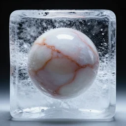 a marble embedded inside a block of ice