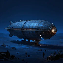 Dark blue glowing desert with old steampunk airship as the subject, big and laying in the middle, barely functioning, it has attracted a crowd, very detailed concept art, matte painting, digital art, concept art, realistic beautiful, trending on Artstation, Greg Rutkowski