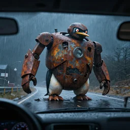 giant rust robot penguin destroyed in a middle of road, in rainy night, the photo as taken inside of car, concept art by simon stålenhag