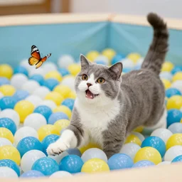 A British shorthair cat in a ballpit full of plastic balls, happily chasing a butterfly, photorealistic image