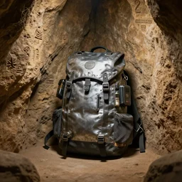 some luggage in the corner of a cave. it looks like a standard backpack, but it is made out of metal and has various electronic devices attached to it. odd markings are carved into the walls.