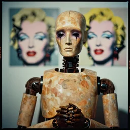 a masterpiece portrait photograph of a wistful weeping humanoid android longing for solace by bill henson and andy warhol, forward facing, kodak portra 4 0 0, 5 0 mm, f 2. 8, trending on pinterest