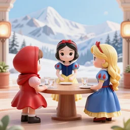 a summit meeting in davos switzerland featuring little red riding hood, snow - white and rapunzel, 3 d octane render, digital art