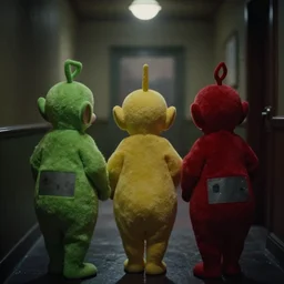 teletubbies in the backrooms, low key, disturbing, found footage, claustrophobic, bokeh, graflex