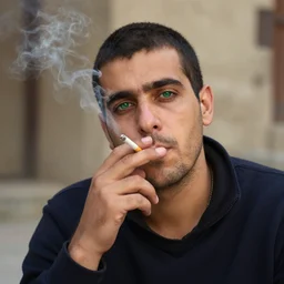 small Greek man with green eyes smoking a cigarette