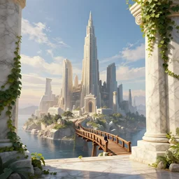 futuristic sci-fi city of Atlantis zeus statue and hill valley grec greeble temple of olympus glory island  little wood bridge painting of tower  ivy plant   in marble  late afternoon light, wispy clouds in a blue sky, by frank lloyd wright and greg rutkowski and ruan jia