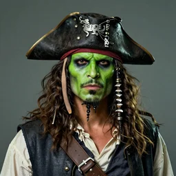 A Concept art foreshortening portrait of the green faced ghost Pirate Captain LeChuck from Monkey Island videogame, Lucasarts. cinematic lighting, highly detailed, realistic details, rendered in Octane, cgsociety, 4k post-processing highly detailed, realistic face, trending on artstation, by craig mullins. Steve Purcell.