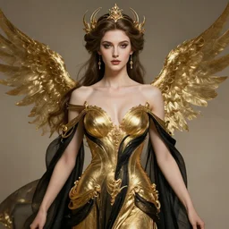 aphrodite goddess beautiful golden and black gown very sensual, high resolution, beautiful symmetrical face, uhd, digital illustration, in the style of greg rutkowski, fantasy, amazing detail, epic, intricate, elegant, perfect symmetrical face, hyper realistic, hyperdetailed, style of laura sava, smooth, sharp focus