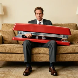 rob schneider movie, rob schneider is merged with a giant stapler sitting on a long couch