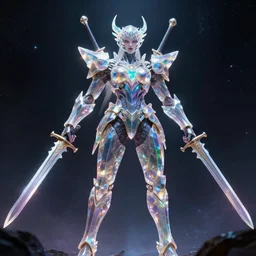 Powerful humanoid entity with iridescent crystal armor, planet destroying weapon, superhero, iridescent, beautiful, technological, galactic, hyper-detailed, mega-detailed, realistic, cinematic, octane render, concept art, dark, cosmic, ominous, dramatic, lovecraftian, symmetric, swords, colorful and dark