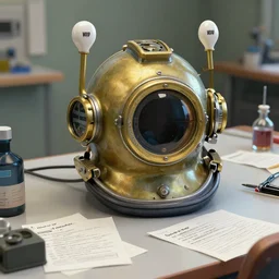 scientific photos of an old diving helmet on a table researcher notes tags digital painting trending on artstation by wlop octane render