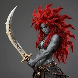 realistic art style, ultra - detailed, saiyan girl, wild spiky red hair, long spiky hair, electrified hair, holding scimitar made of bone, scimitar, sword, jagged sword, curved sword, orkish sword, colorized, gray skin, hyper - detailed, primeval fantasy, prehistoric fantasy, drawn by frank frazetta and boris vallejo