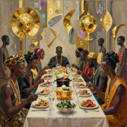 dark skinned people eating at a regal buffet ultra detailed beautiful setting elegant event nigerian party minimalist gold ornaments iridescent 3d abstract lighting glamour in the style of edward hooper and henri matisse yinka shonibare oil painting