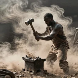 a blacksmith swinging his hammer he is made of psychedelic dust clouds dancing in the wind, hyper realistic