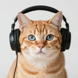 a cute orange tabby cat with light blue eyes wearing headphones on, by aaron blaise